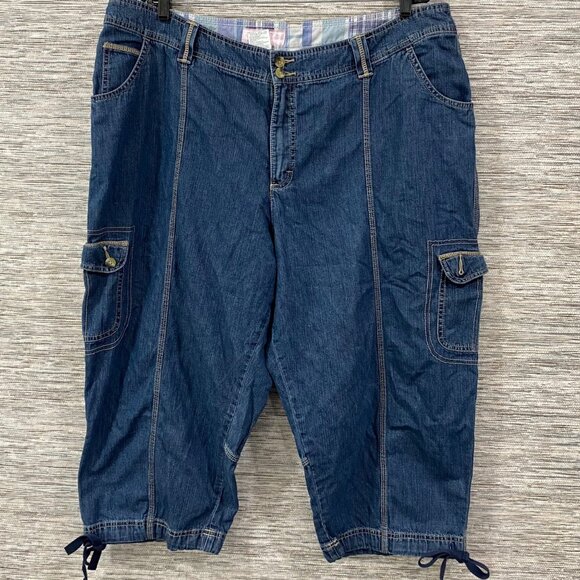Pink Line Plus Size 22 Denim Cargo Capri Pants — Drawstring Hems, Double-Button, - Picture 1 of 5